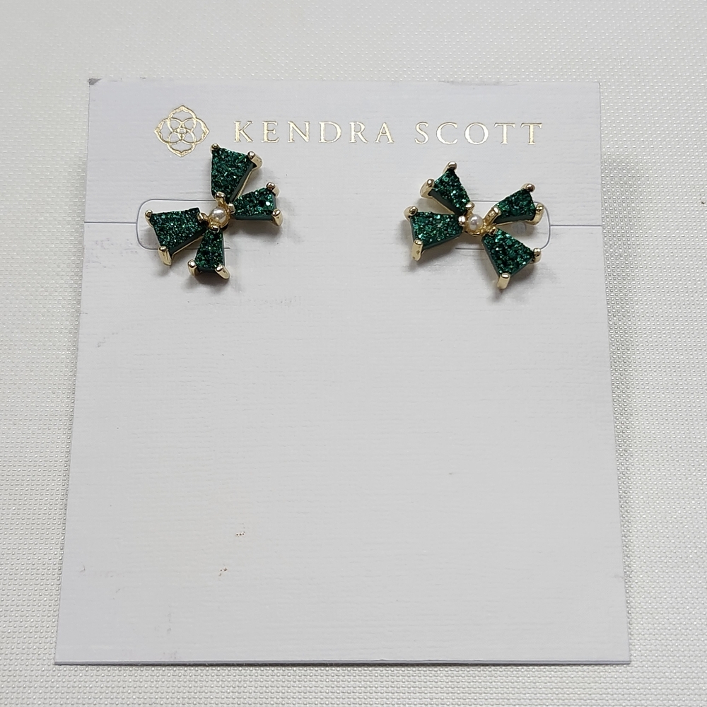 NWT Kendra Scott Gold-Tone Blair Bow Small Stud Earrings in Emerald Drusy